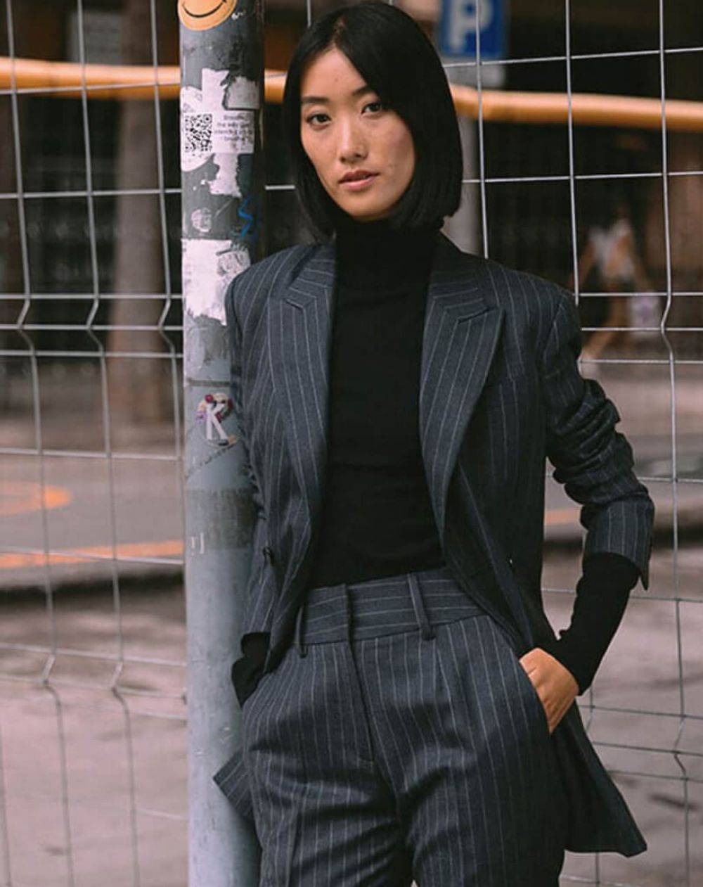 Grey striped double breasted flannel Pantsuit